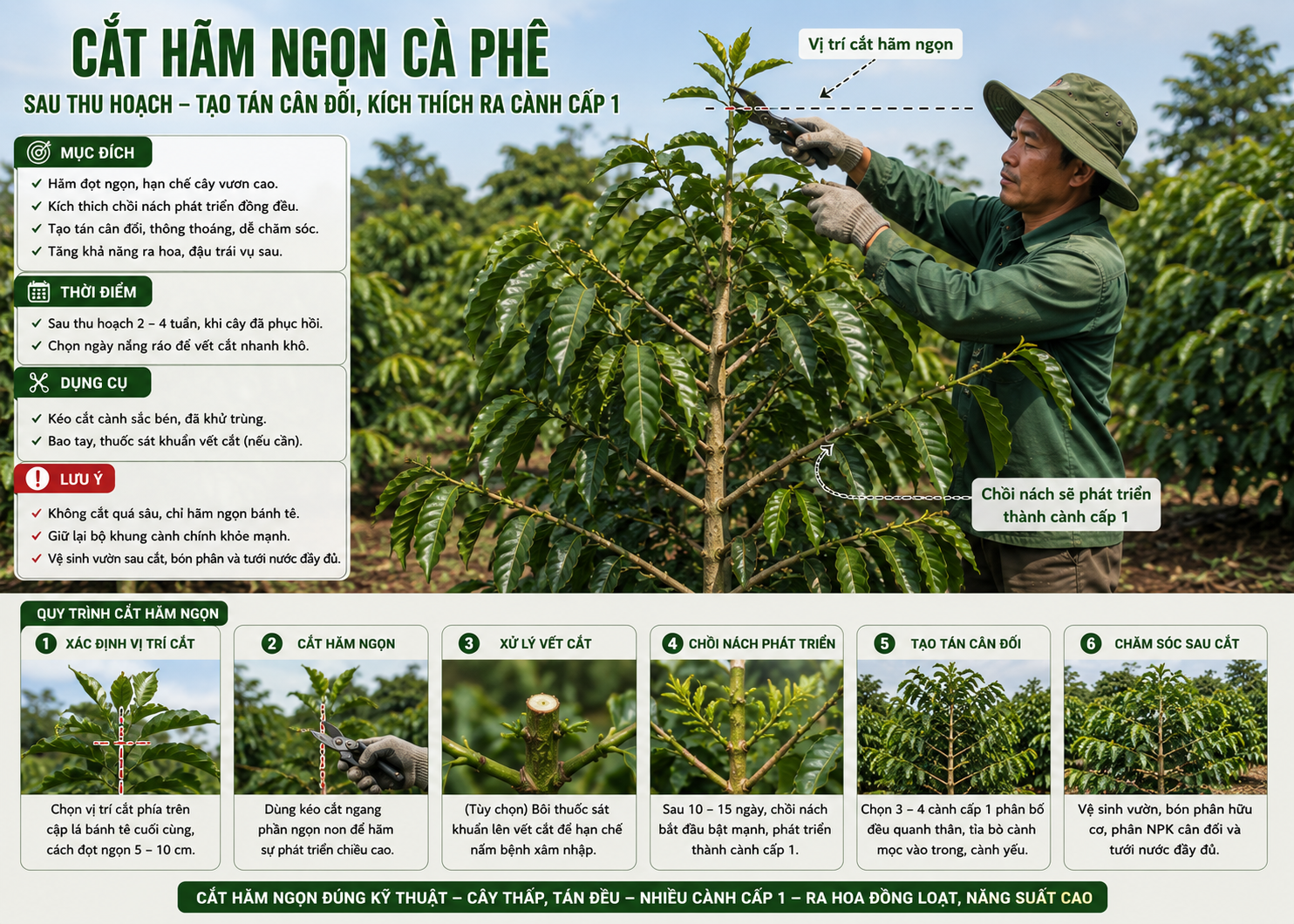 KỸ THUẬT CẮT TỈA CÀNH CÀ PHÊ VÀ XỊT RỬA VƯỜN SAU THU HOẠCH