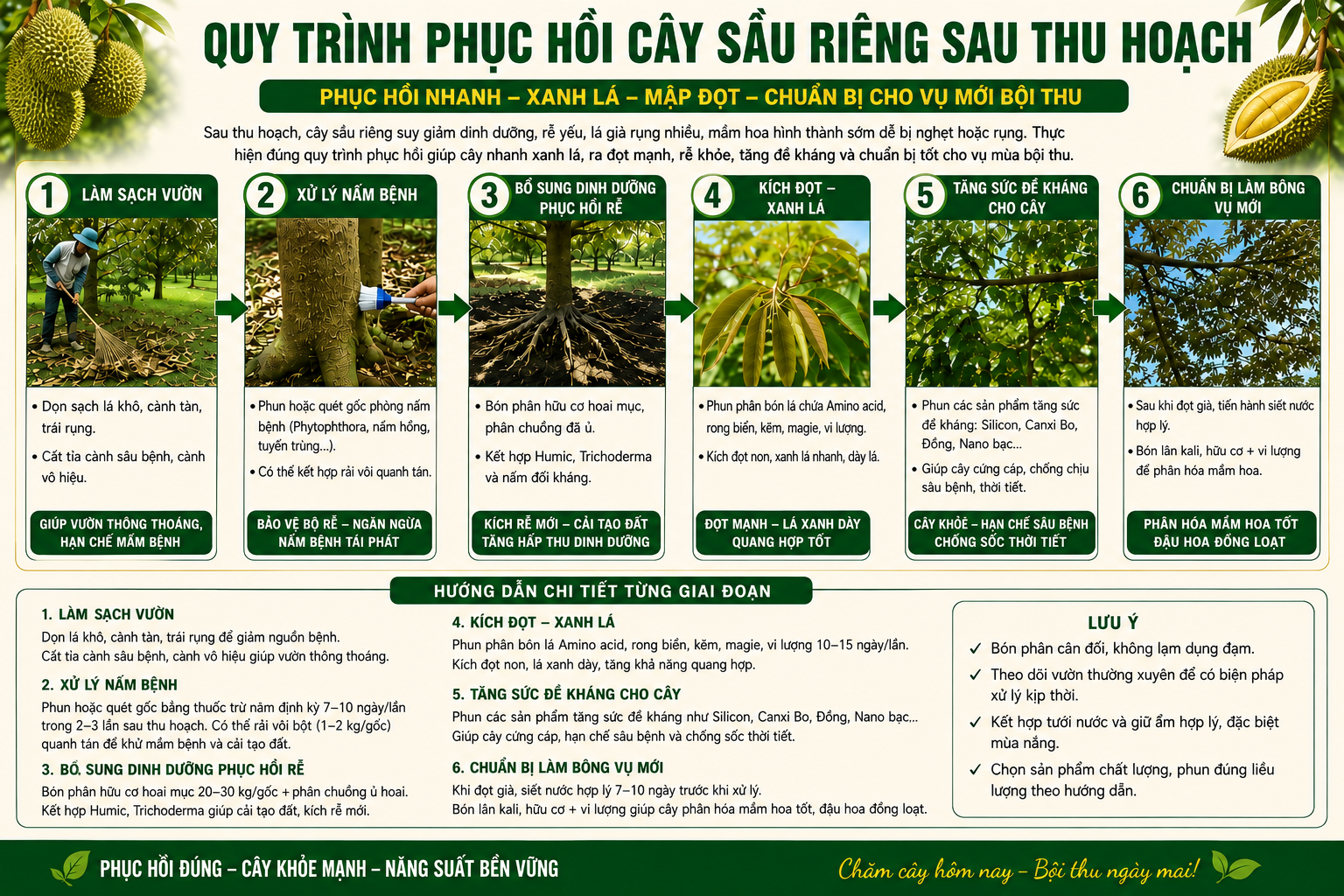 PHỤC HỒI SẦU RIÊNG SAU THU HOẠCH: XANH LÁ – MẬP ĐỌT – KHỎE RỄ