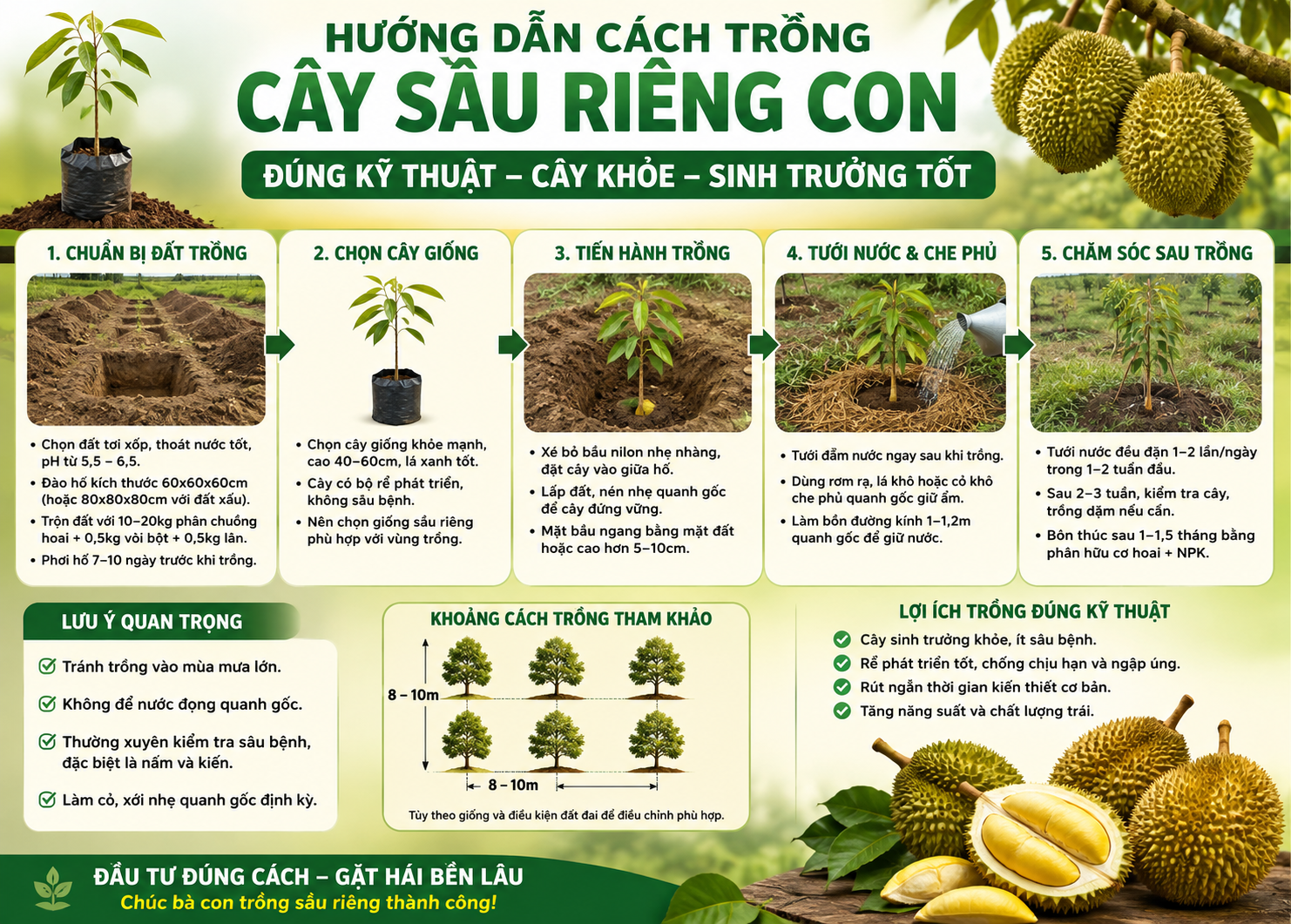 TRỒNG SẦU RIÊNG CON ĐÚNG KỸ THUẬT – ĐẶT NỀN MÓNG CHO CẢ VƯỜN CÂ